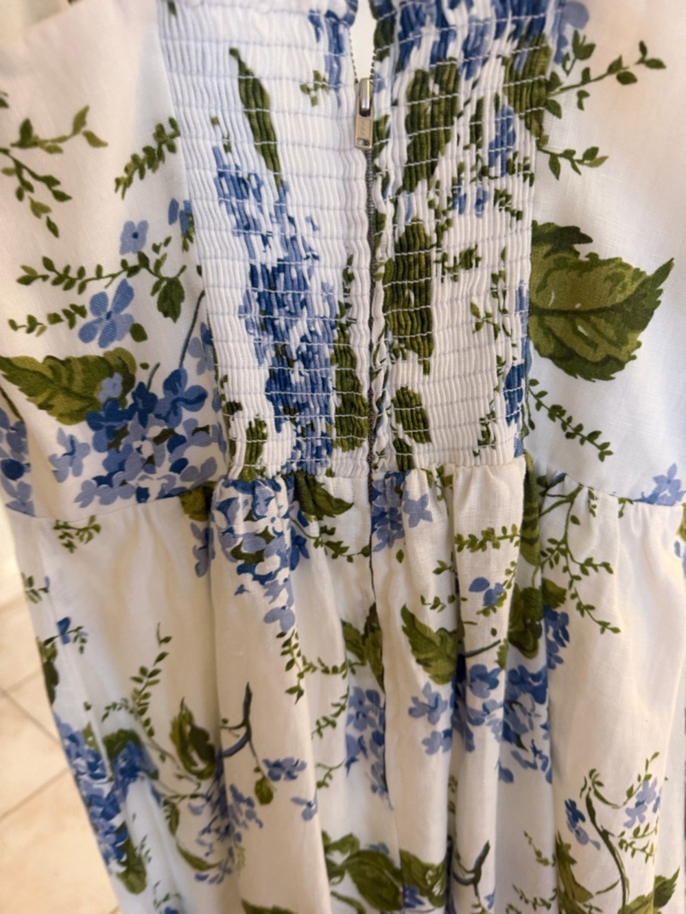 Reformation Floral Square-Neck Midi Dress in White and Blue - Picture 3 of 5